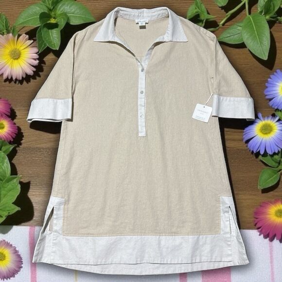 Cynthia Rowley Shirt XL Beige White Tunic Linen Blend Trim Minimalist NEW - Picture 1 of 7